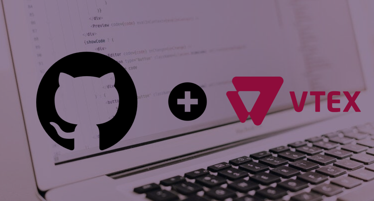 Imagem de um notebook com código ao fundo, exibindo os logotipos do GitHub e VTEX conectados por um sinal de adição, simbolizando a integração de repositórios com a plataforma VTEX.